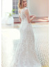 Cap Sleeves Ivory Lace Tulle V Back Romantic Wedding Dress